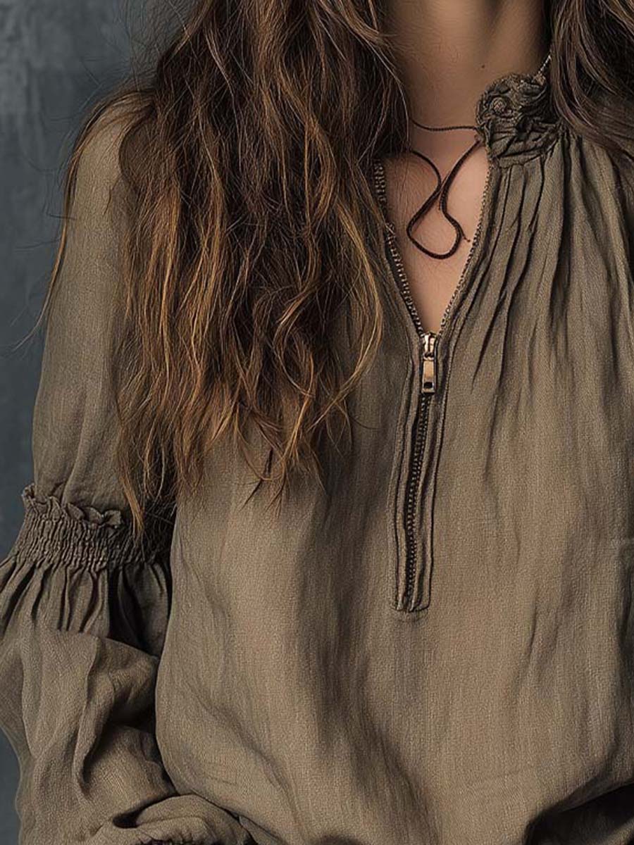 Boho Ruffled Cuff Half-Zip Blouse