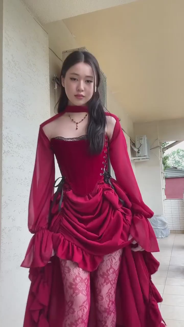 burgundy-velvet-corset-gown-off-shoulder-lace-ruffle-ball-dress