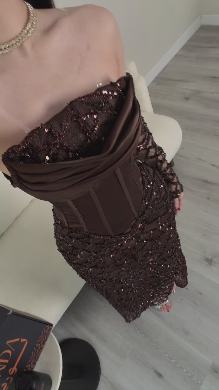 chocolate-sequin-corset-dress-draped-satin-midi-with-lace-sleeve