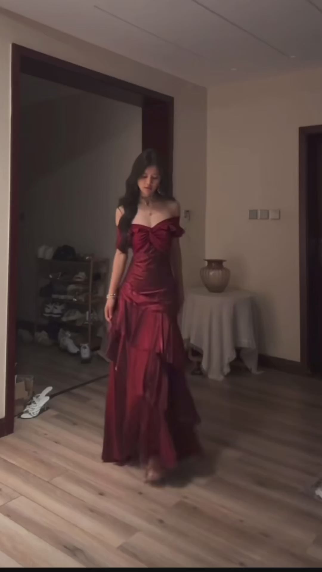 burgundy-satin-off-shoulder-corset-gown-ruched-bodice-tiered-ruffle-skirt