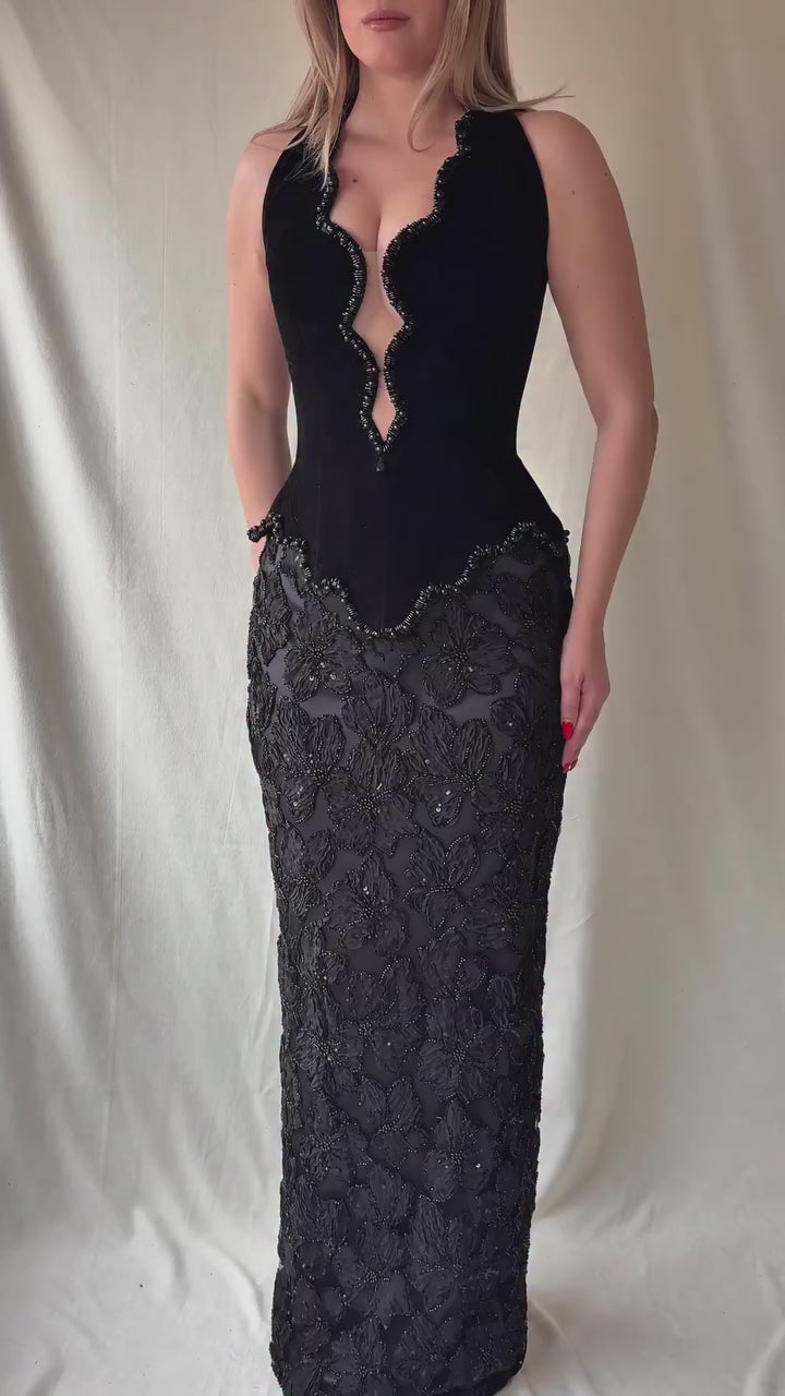 black-velvet-corset-halter-gown-beaded-lace-scallop-maxi-skirt