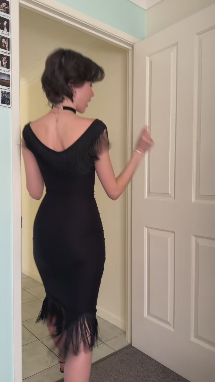 black-fringe-hem-midi-dress