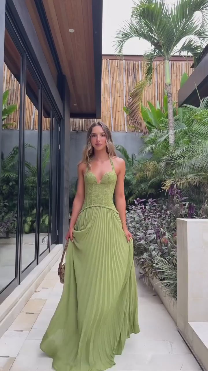olive-green-lace-halter-maxi-dress-corset-bodice-pleated-skirt