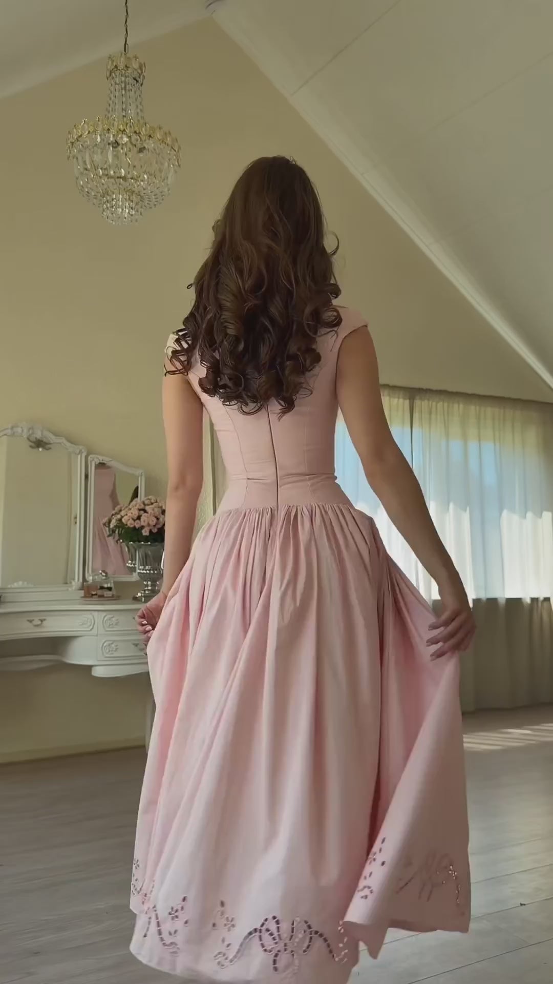 pink-satin-cap-sleeve-midi-dress-drop-waist-full-skirt-embroidered-hem