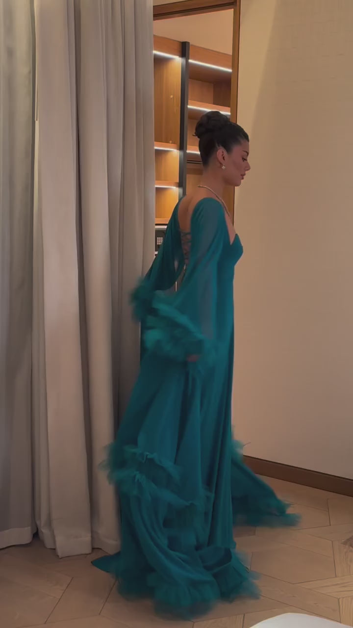 teal-sweetheart-gown-with-feather-trim-sheer-sleeves-corset-maxi