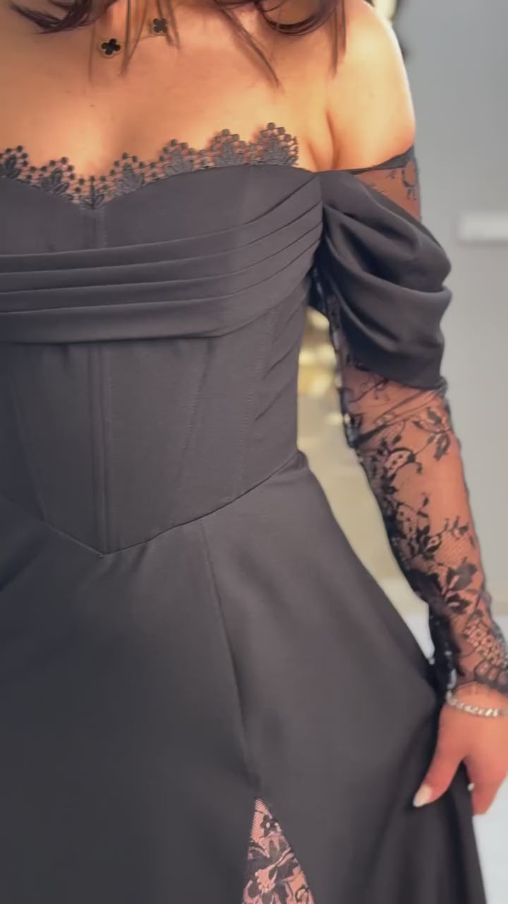 black-off-shoulder-corset-gown-sheer-lace-sleeves-high-slit