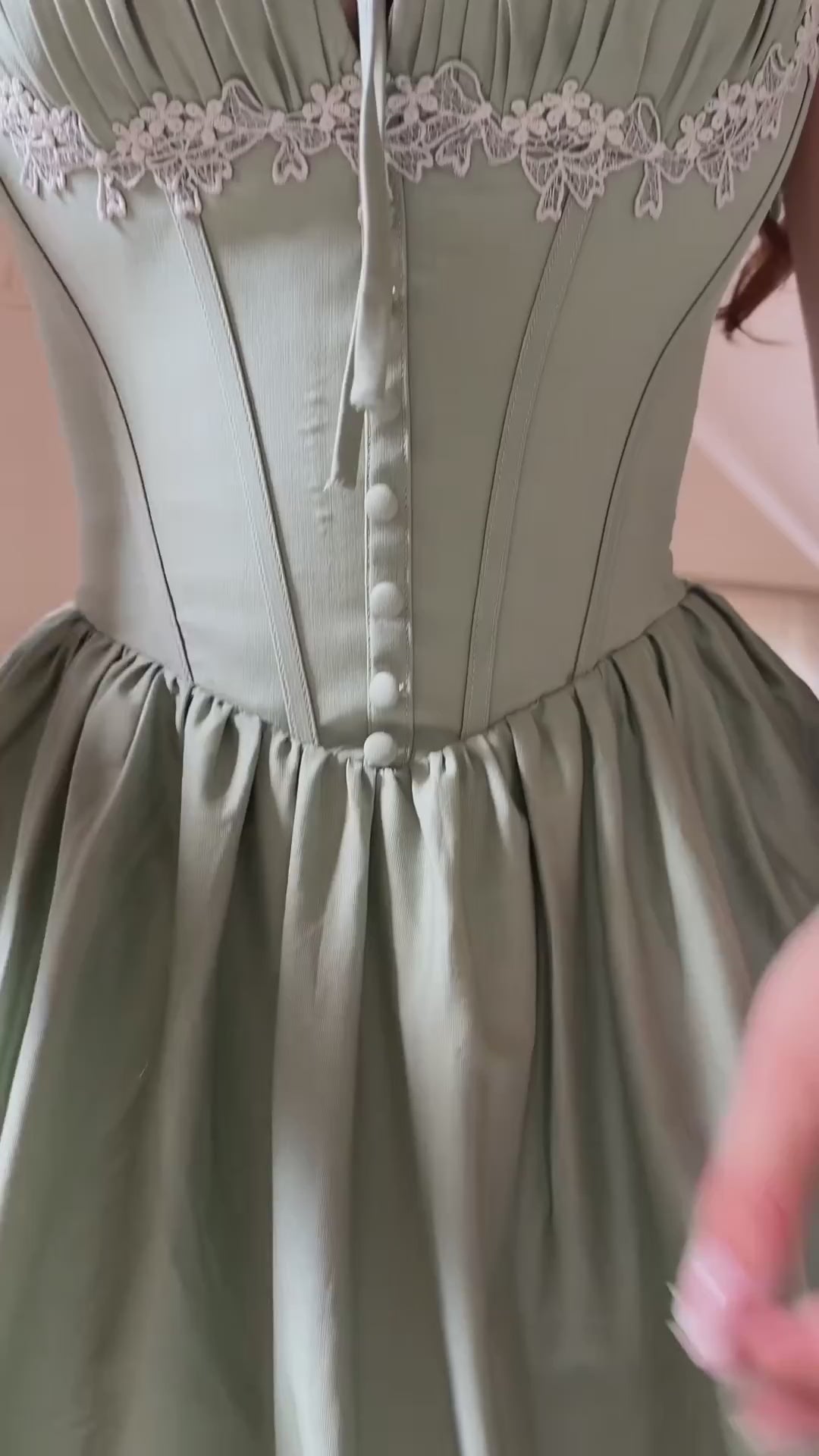 sage-green-corset-midi-dress-strapless-ruffle-hem-lace-up-back-gown