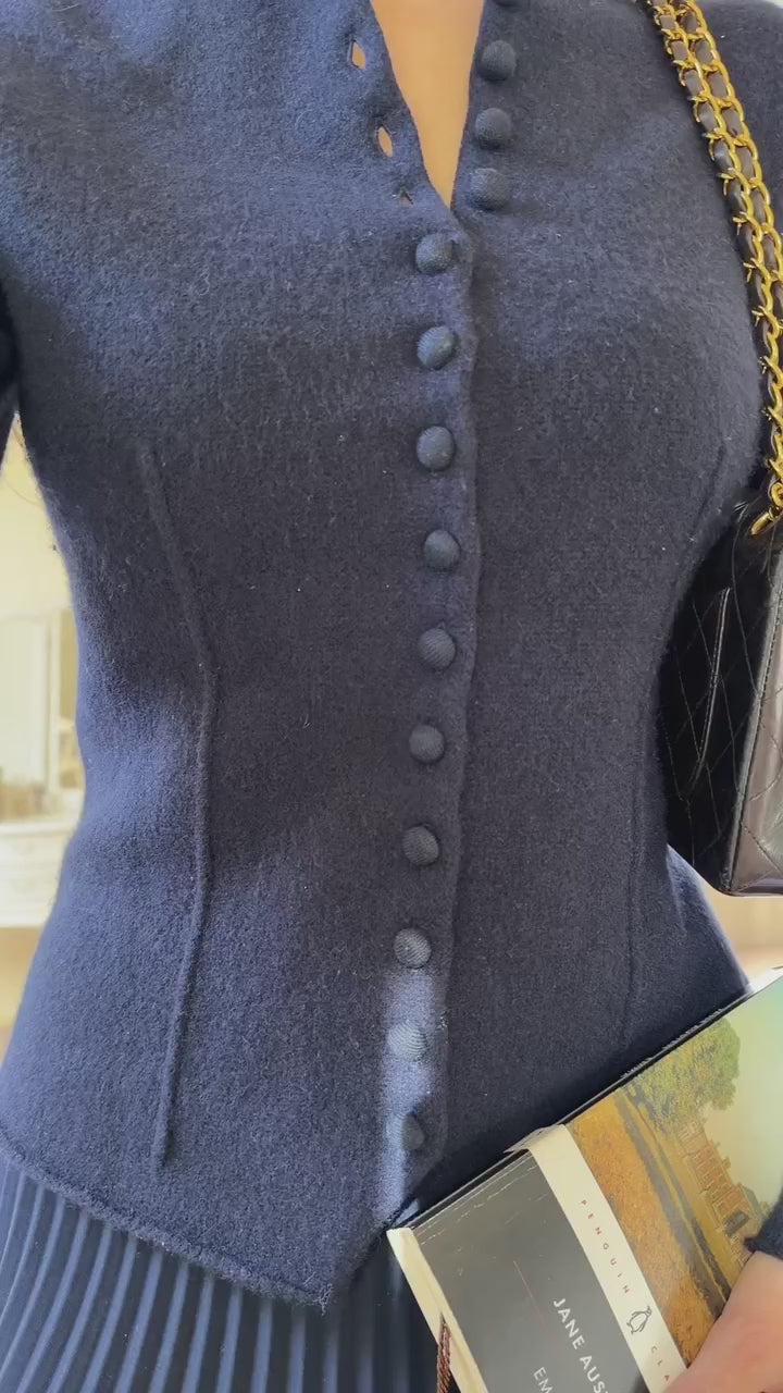 navy-knit-button-front-peplum-top-and-pleated-midi-skirt-set