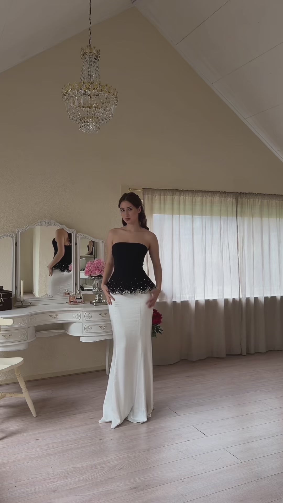 black-beaded-strapless-bustier-top-and-ivory-satin-maxi-skirt-set