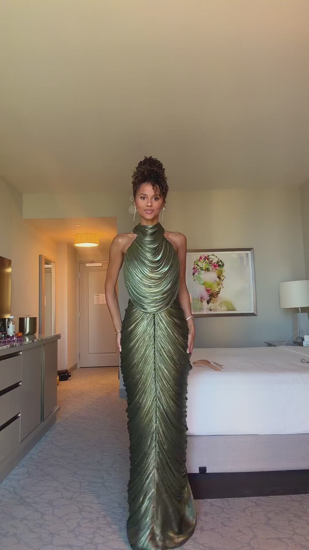 olive-metallic-pleated-halter-open-back-gown