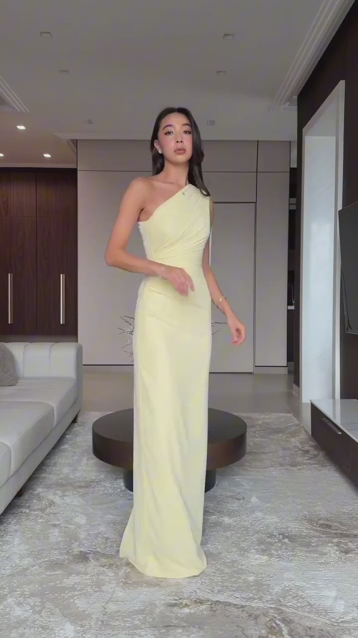 pale-yellow-one-shoulder-draped-maxi-gown-cape-sleeve-column-dress