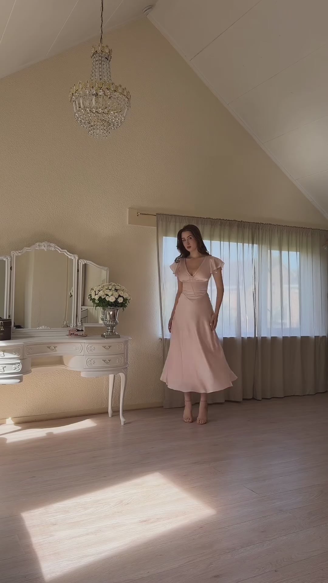 blush-satin-midi-dress-lace-trim-v-neck-ruffle-sleeve-tie-front