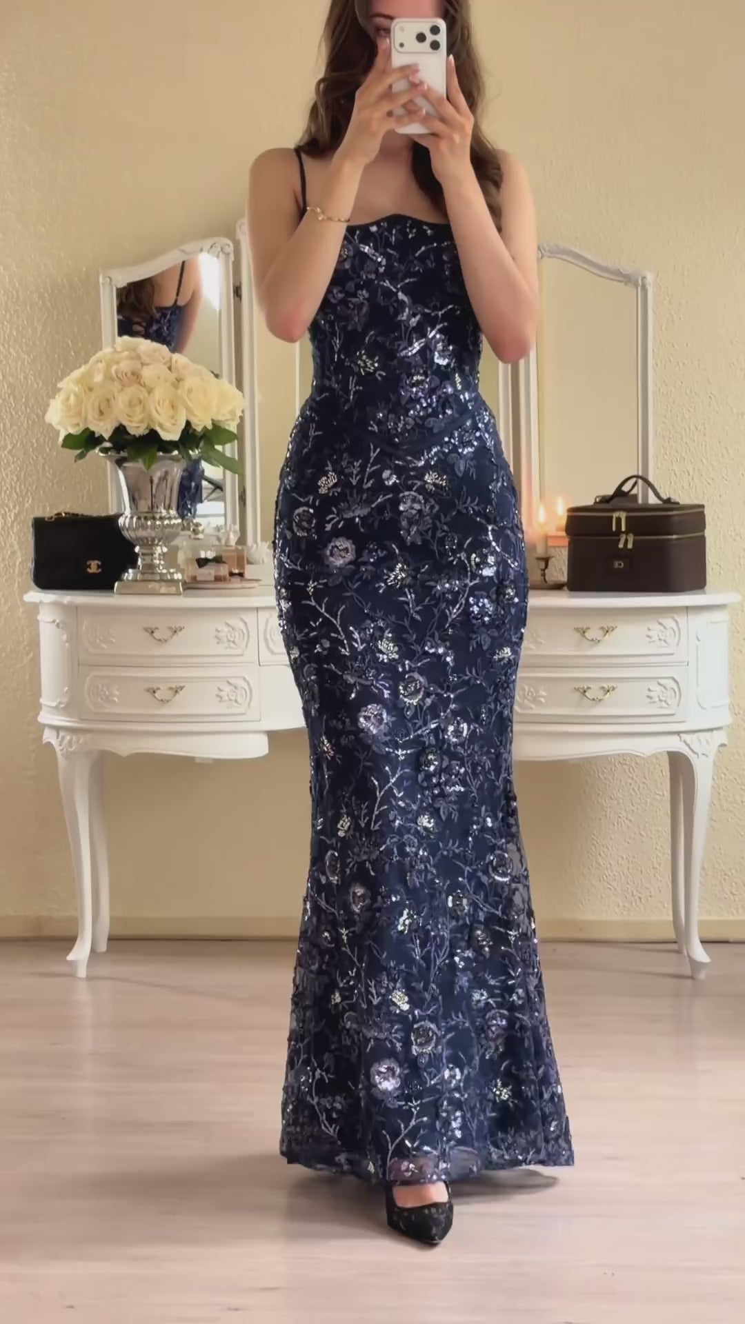navy-floral-sequin-maxi-dress-spaghetti-strap-mermaid-evening-gown