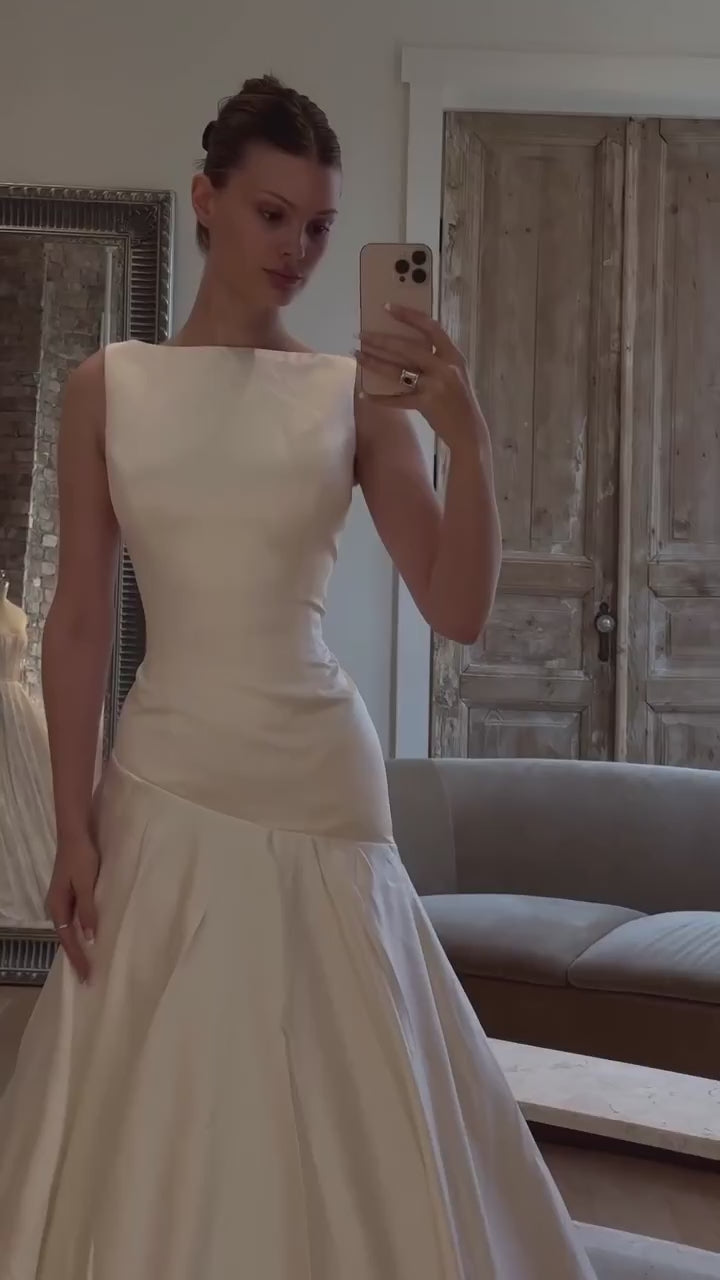 ivory-satin-drop-waist-ball-gown-with-full-pleated-skirt