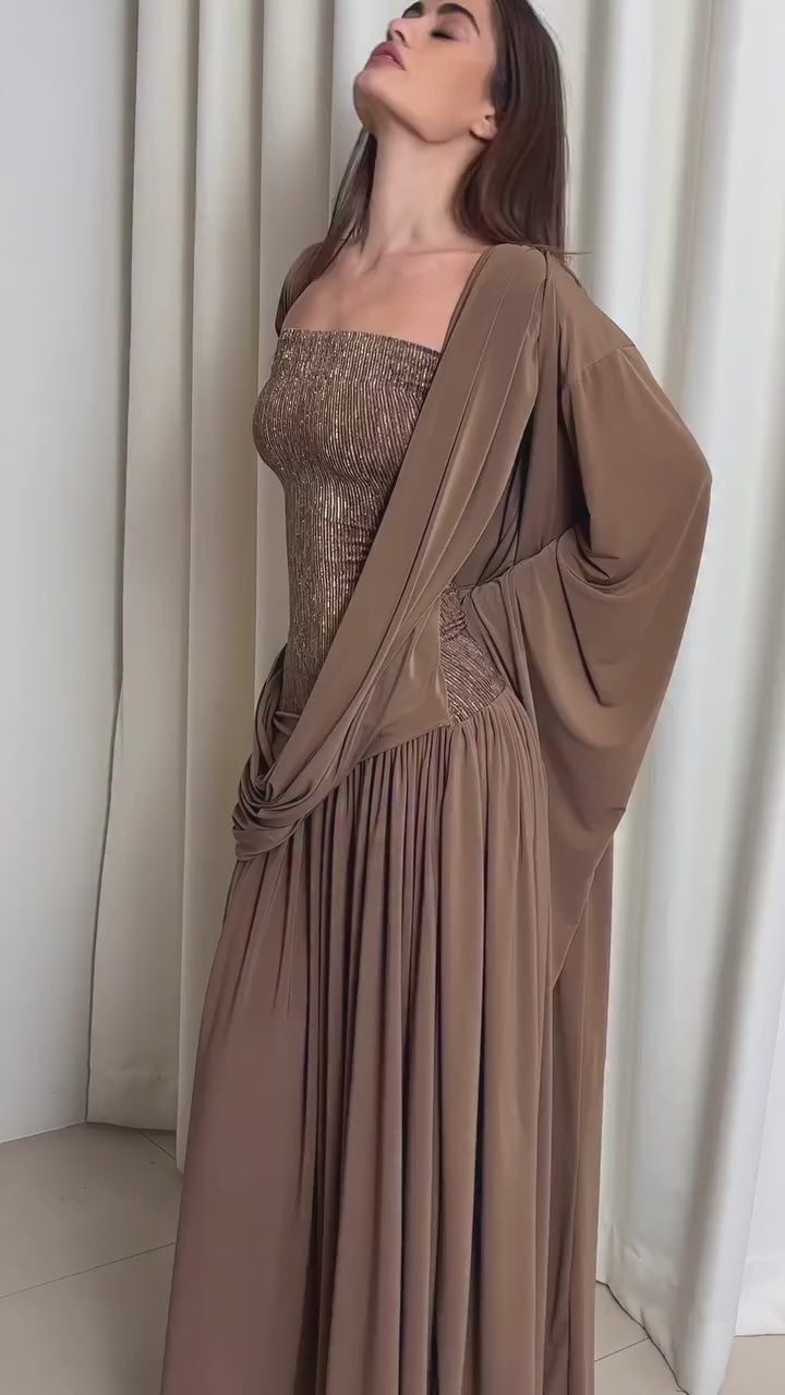 mocha-jersey-maxi-dress-draped-shawl-sequin-bodice-gown